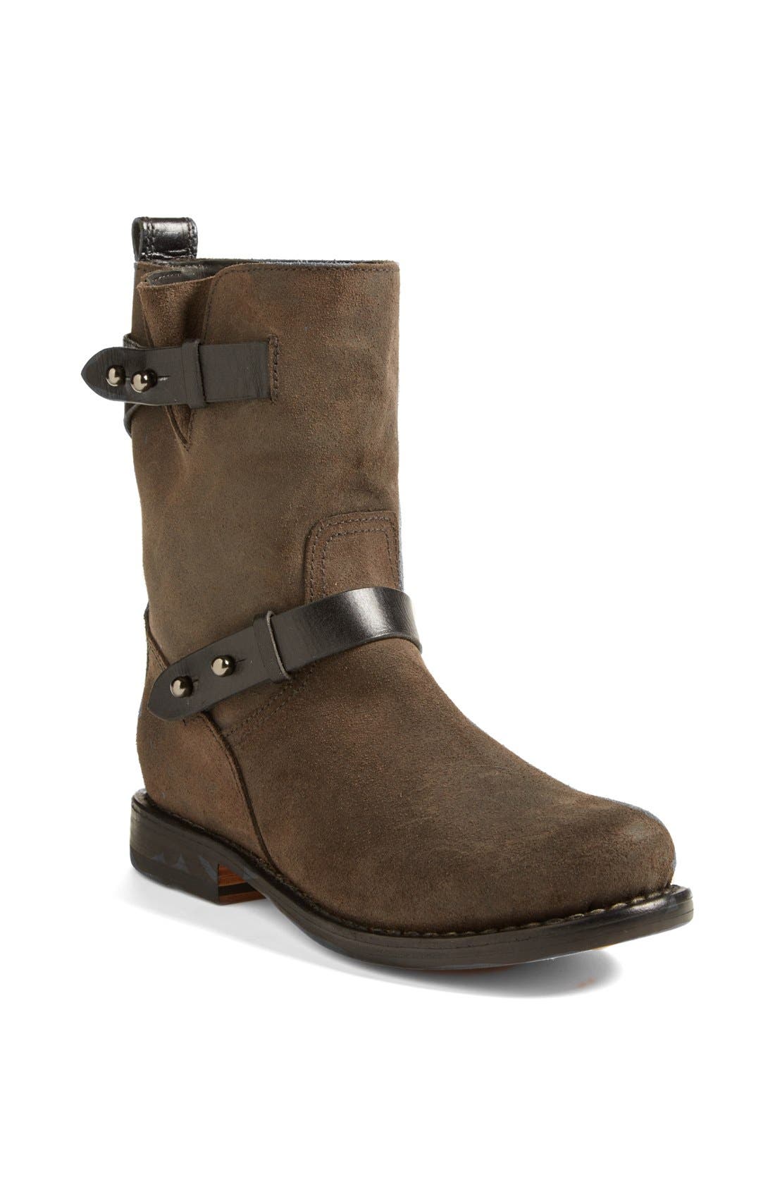 Waxed Calfskin Suede Moto Boot, Main, color, GREY