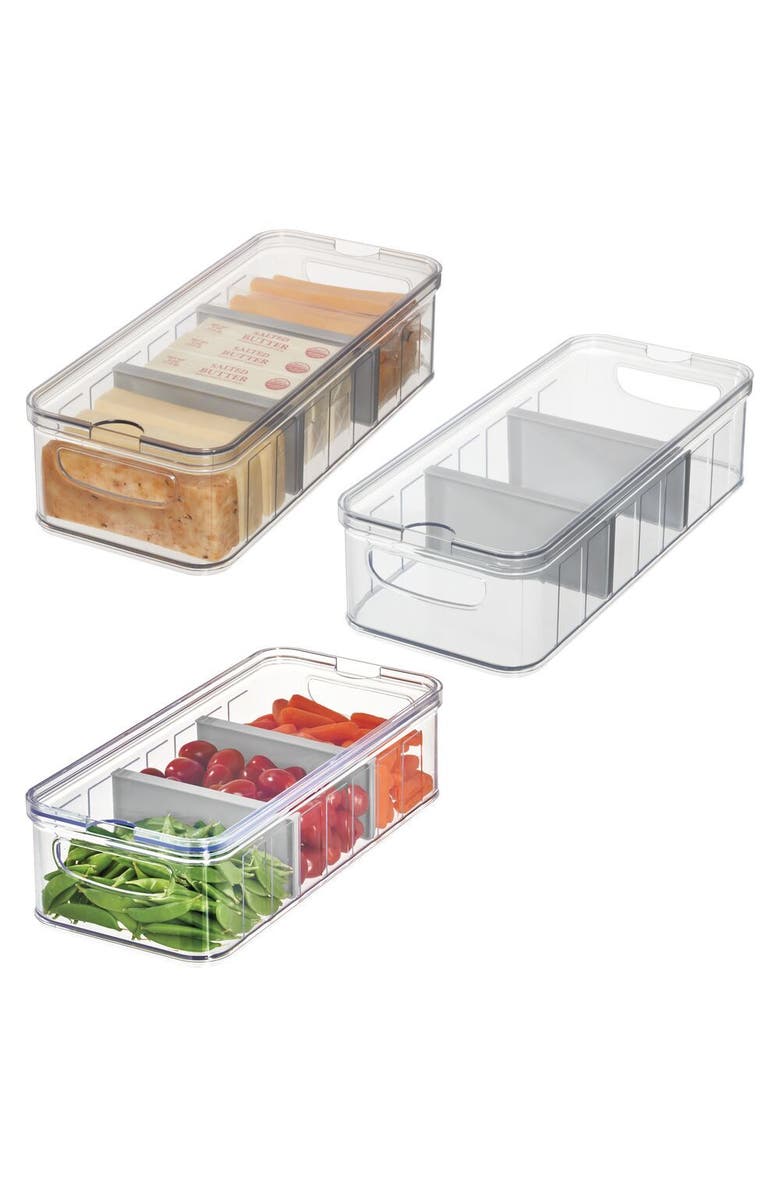 iDesign Large Fridge Organizer Bin with Removable Divider and Lid - Set of 3 - Clear/Gray, Main, color, Gray