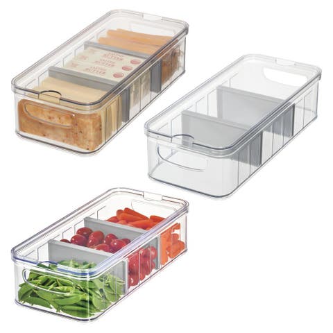Large Fridge Organizer Bin with Removable Divider and Lid - Set of 3 - Clear/Gray