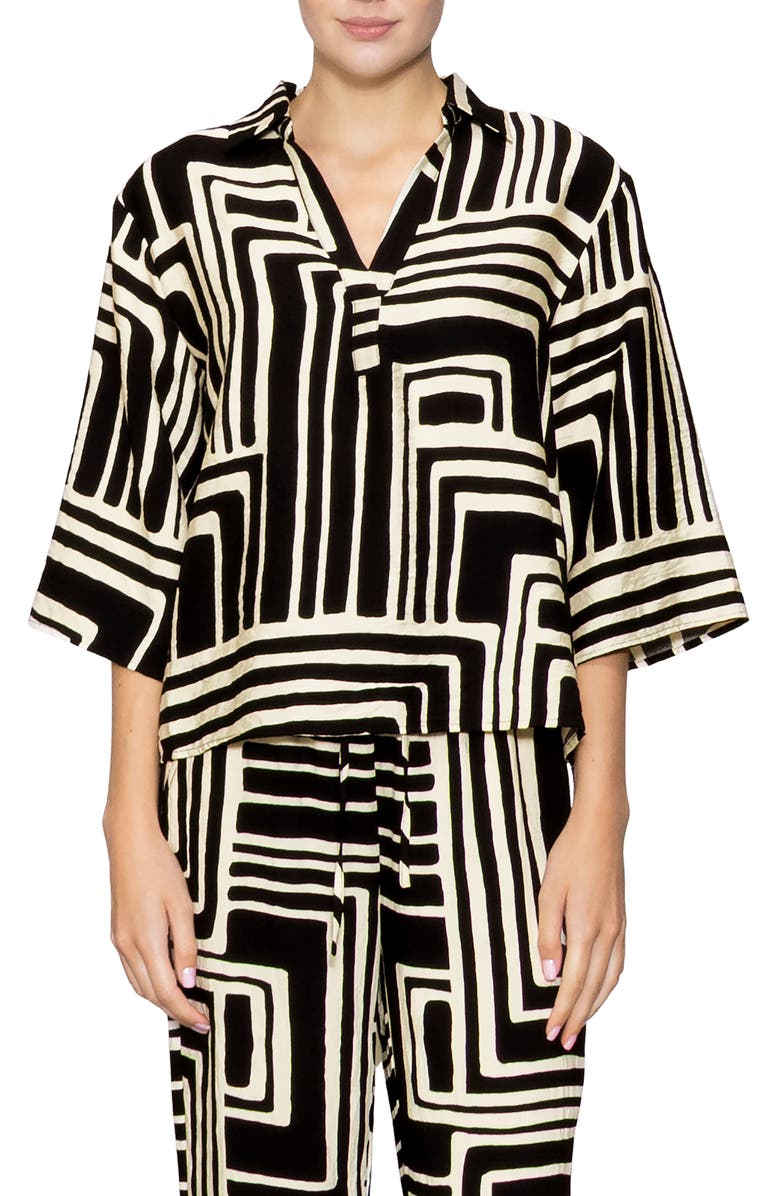 MELLODAY Print Three-Quarter Sleeve Woven Top, Main, color, Black Ivory