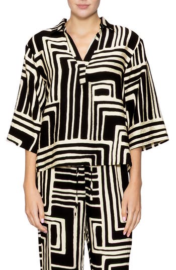Melloday Print Three-quarter Sleeve Woven Top In Multi