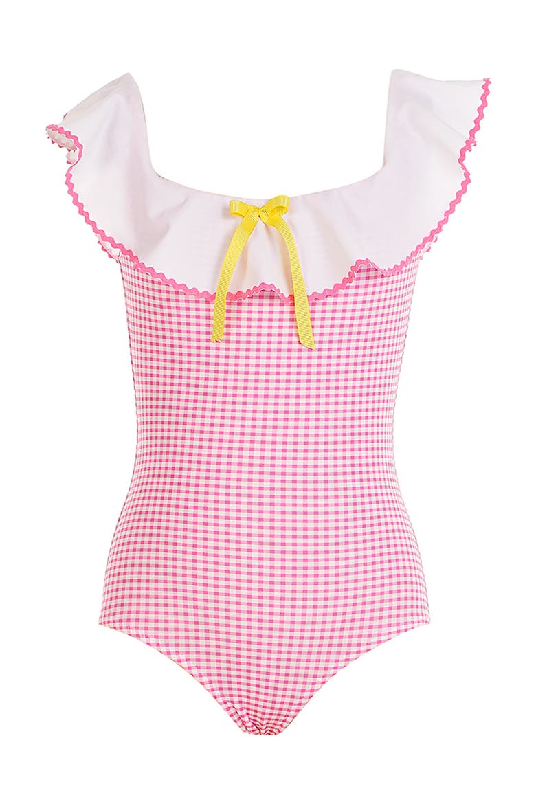 Off-Shoulder Gingham Ruffled with Bow One-Piece Swimsuit, Main, color, White-Red