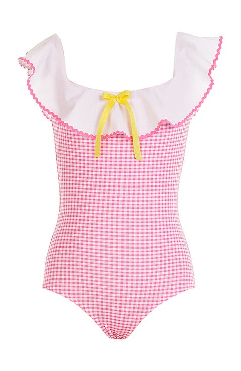 Off-Shoulder Gingham Ruffled with Bow One-Piece Swimsuit