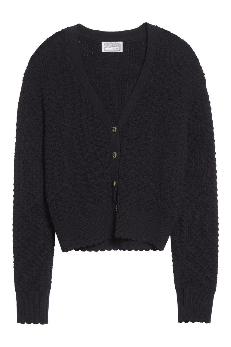 Perlé Crepe Wool Blend Cardigan, Alternate, color, BLACK