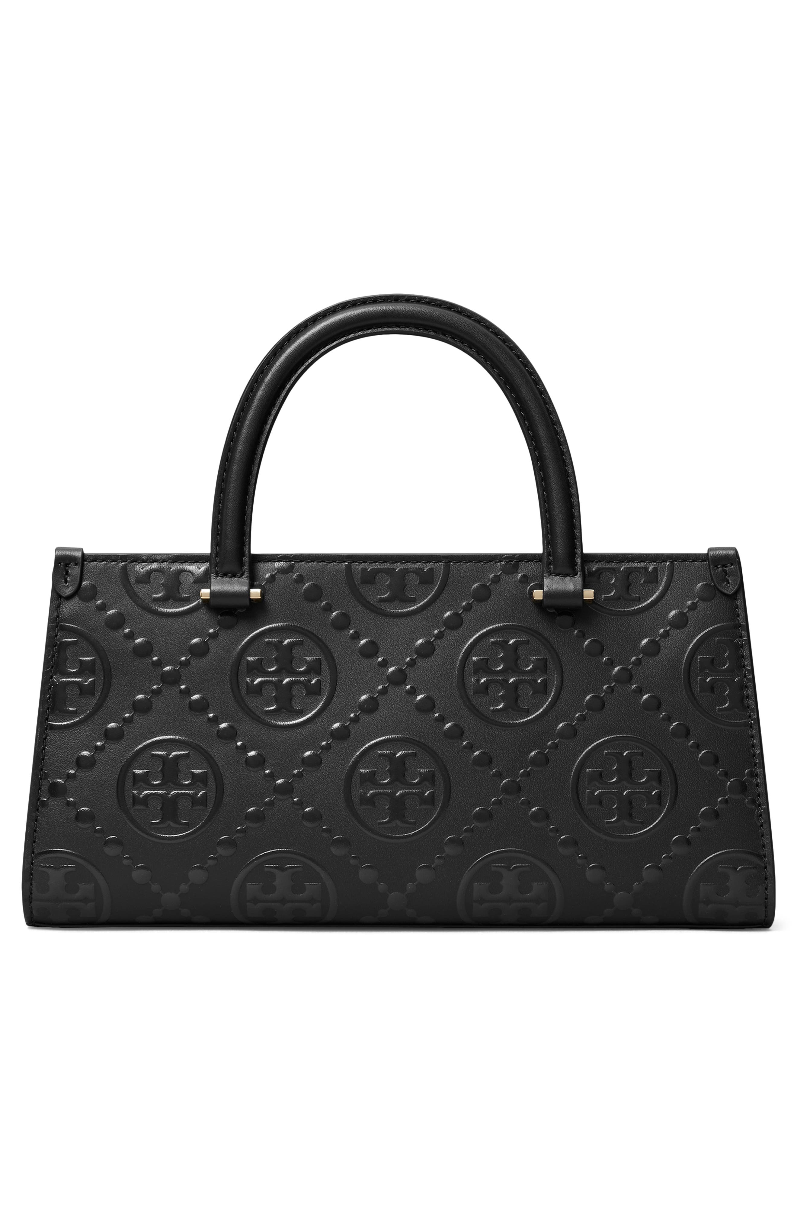 Tory Burch Small T Monogram Embossed Leather Tote, Alternate, color, Black