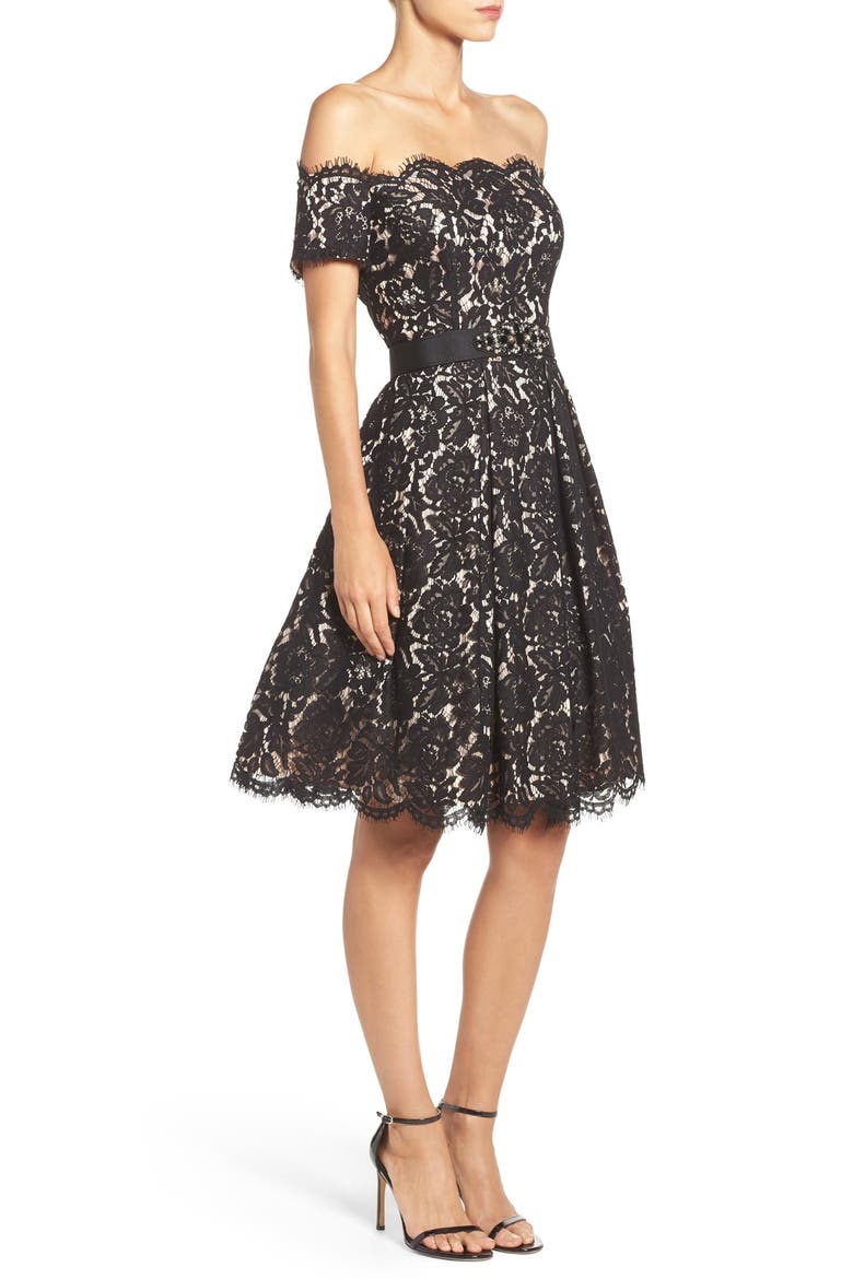 Embellished Lace Fit & Flare Dress, Alternate, color, BLACK/ TAN