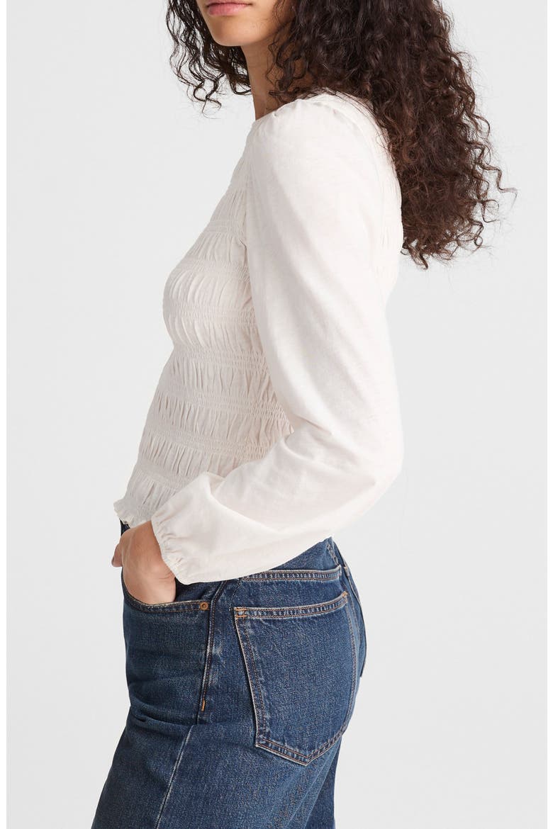 Smocked Boat Neck Long Sleeve Cotton Top, Alternate, color, VINTAGE IVORY
