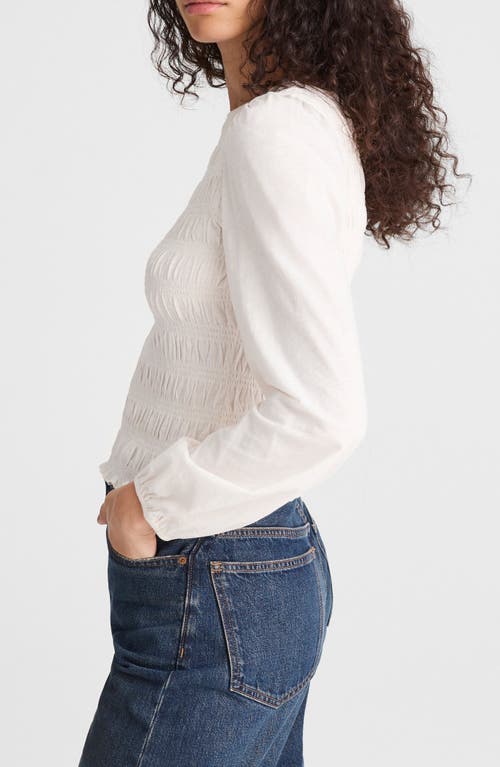 Madewell Smocked Boat Neck Long Sleeve Cotton Top In White