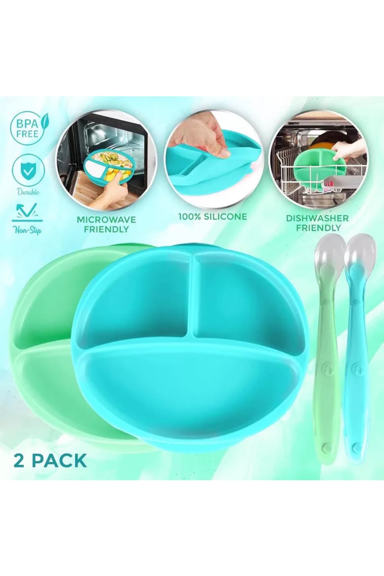 Silicone Suction Divided Plate and Spoon Toddler Training Self Feeding Set, 2-Pack, Alternate, color, Blue & Light Green
