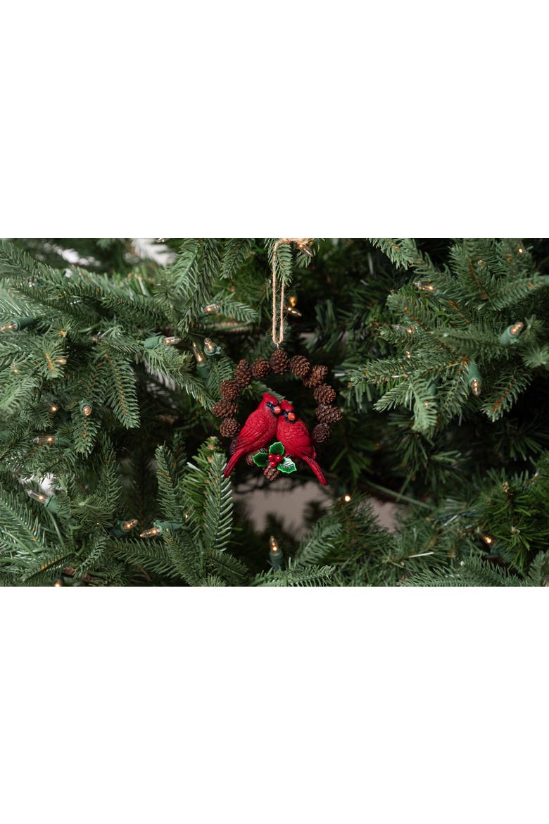 Paired Cardinals Pinecone Wreath Christmas Ornament, Alternate, color, Red