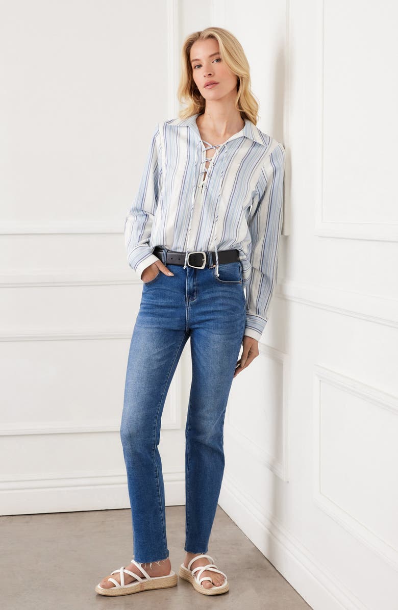 Karen Kane Stripe Linen Blend Lace-Up Popover Shirt, Alternate, color, Stripe