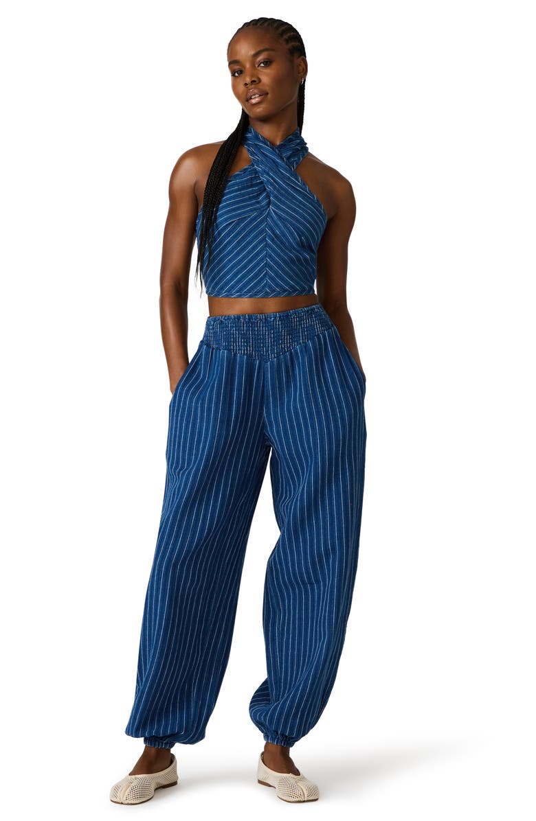Steve Madden Winnie Stripe Cotton & Linen Crop Top, Alternate, color, Mixed Indigo