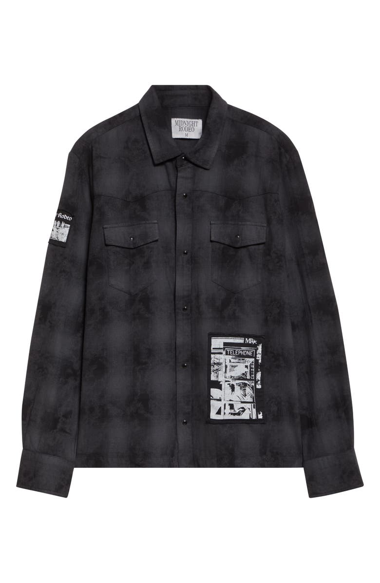 MIDNIGHT RODEO Patchwork Distressed Over Dyed Cotton Flannel Shirt, Alternate, color, Black Overdye