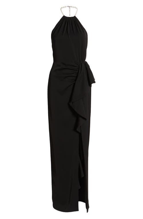Black Halo Erwen Beaded-strap Ruffle Halter Gown In Black