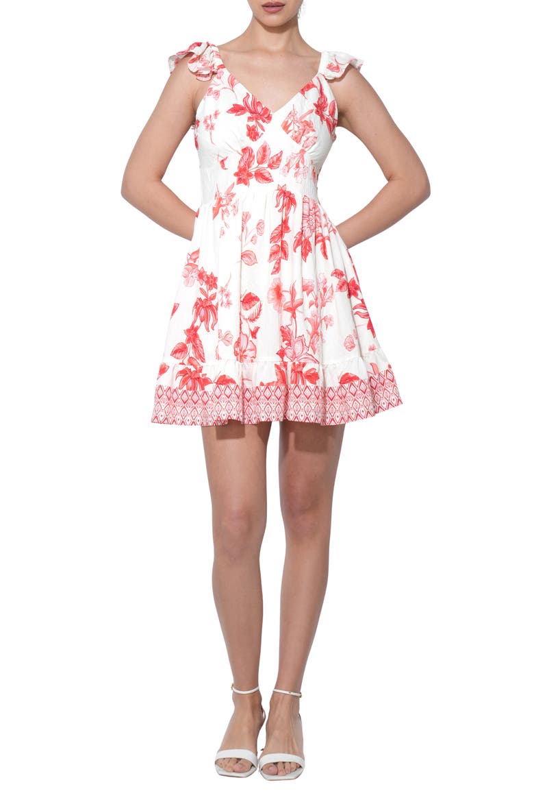 Rosa Floral Border Print Tiered Minidress, Main, color, IVORY/ RED