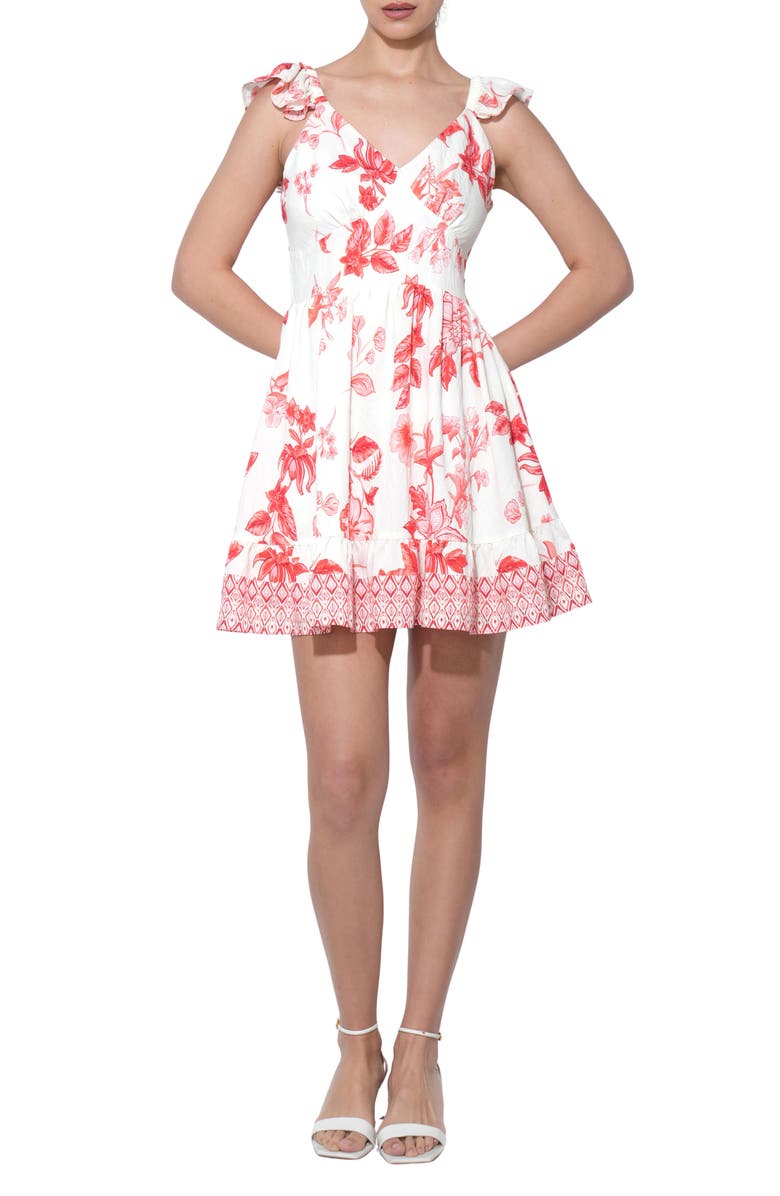 Adelyn Rae Rosa Floral Border Print Tiered Minidress, Main, color, Ivory/ Red