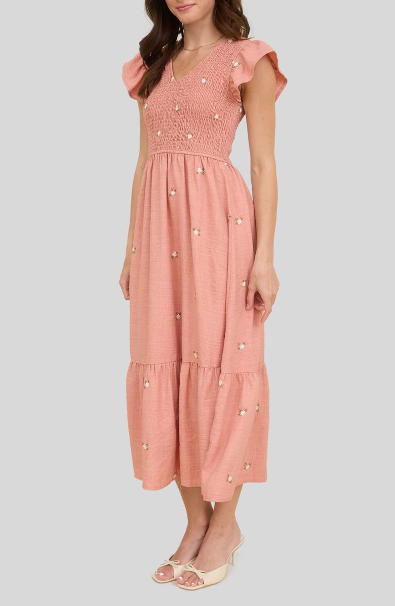 Blu Pepper Floral Embroidered Cap Sleeve Midi Dress, Alternate, color, Light Sienna