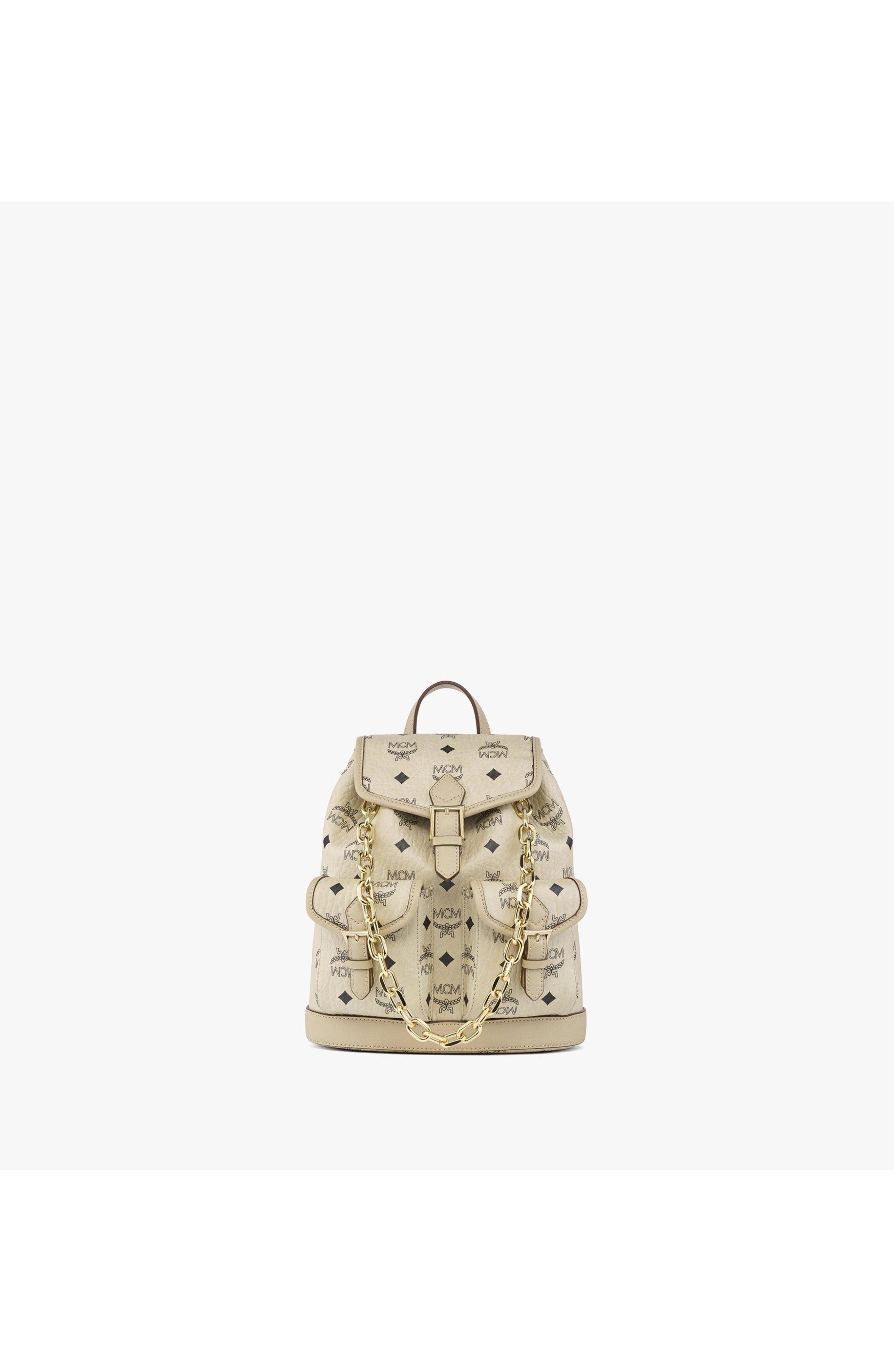MCM Mini Aren Drawstring Backpack in Visetos, Main, color, Beige+Black Logo