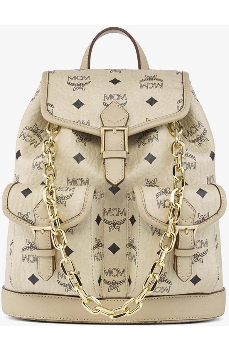 MCM Mini Aren Drawstring Backpack in Visetos, Main, color, Beige+Black Logo