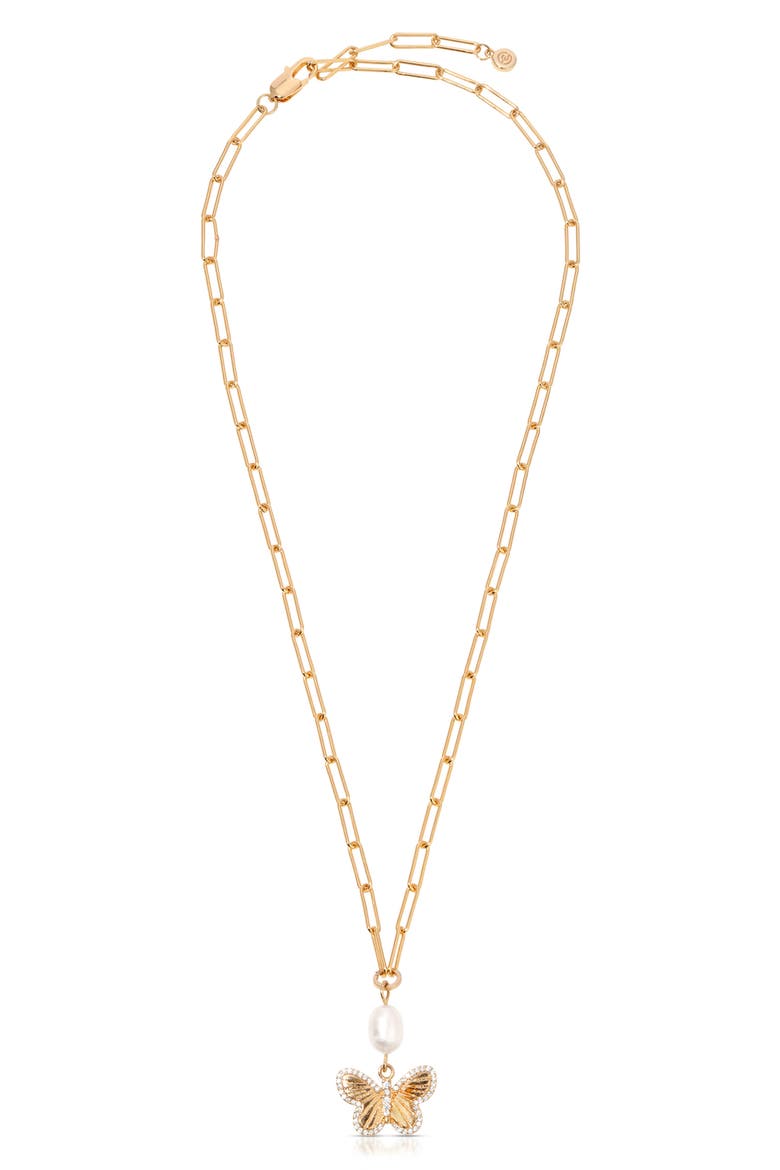 Butterlfy & Freshwater Pearl Pendant Necklace, Alternate, color, GOLD