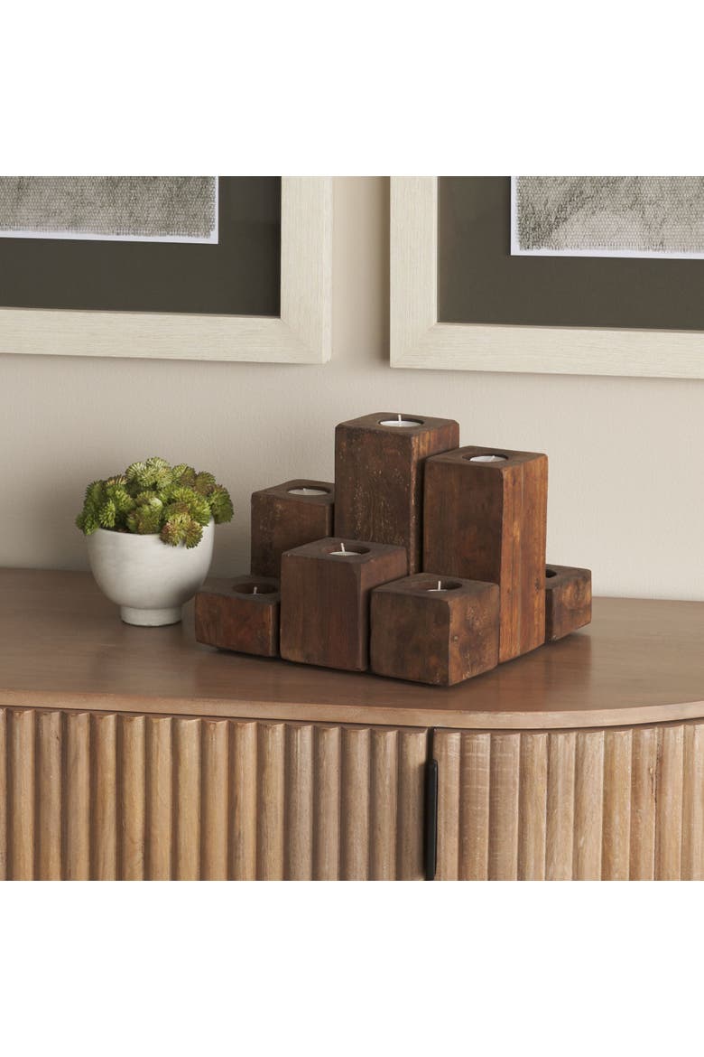 Cassius Nine Wood Block Table Candle Holder, Alternate, color, Brown