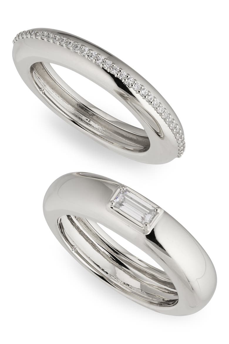 Entwine Set of 2 Cubic Zirconia Stacking Rings, Main, color, RHODIUM