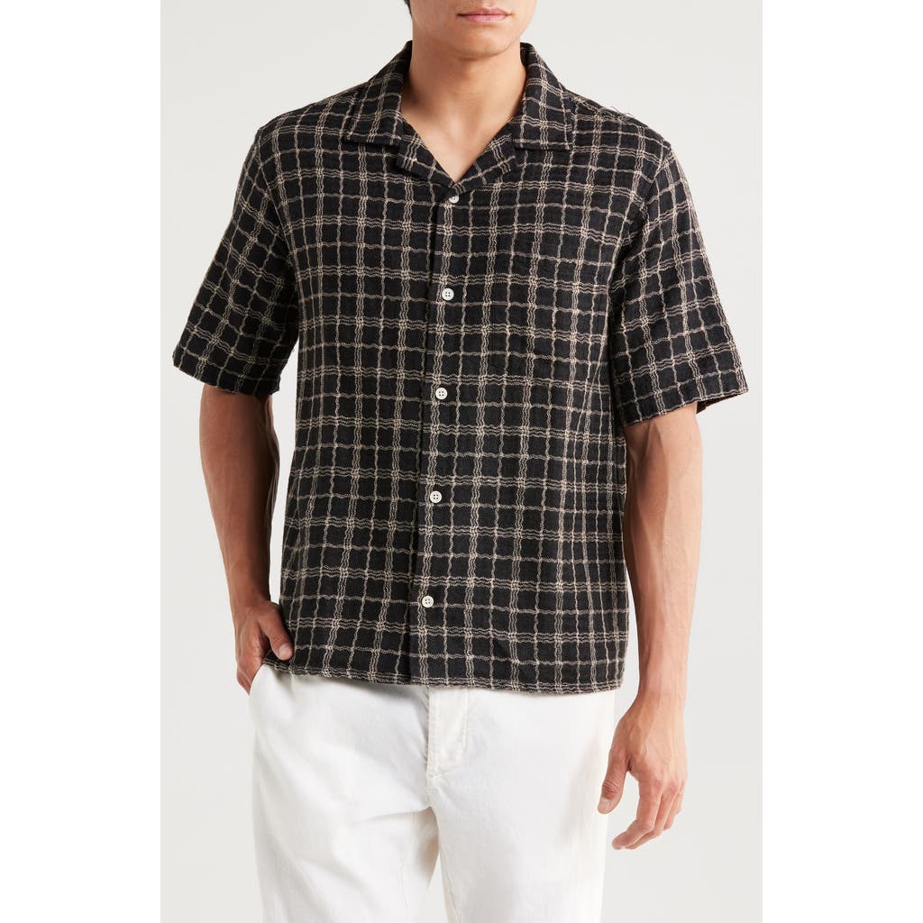 Corridor Wavy Plaid Short Sleeve Cotton & Linen Camp Shirt in Black  product