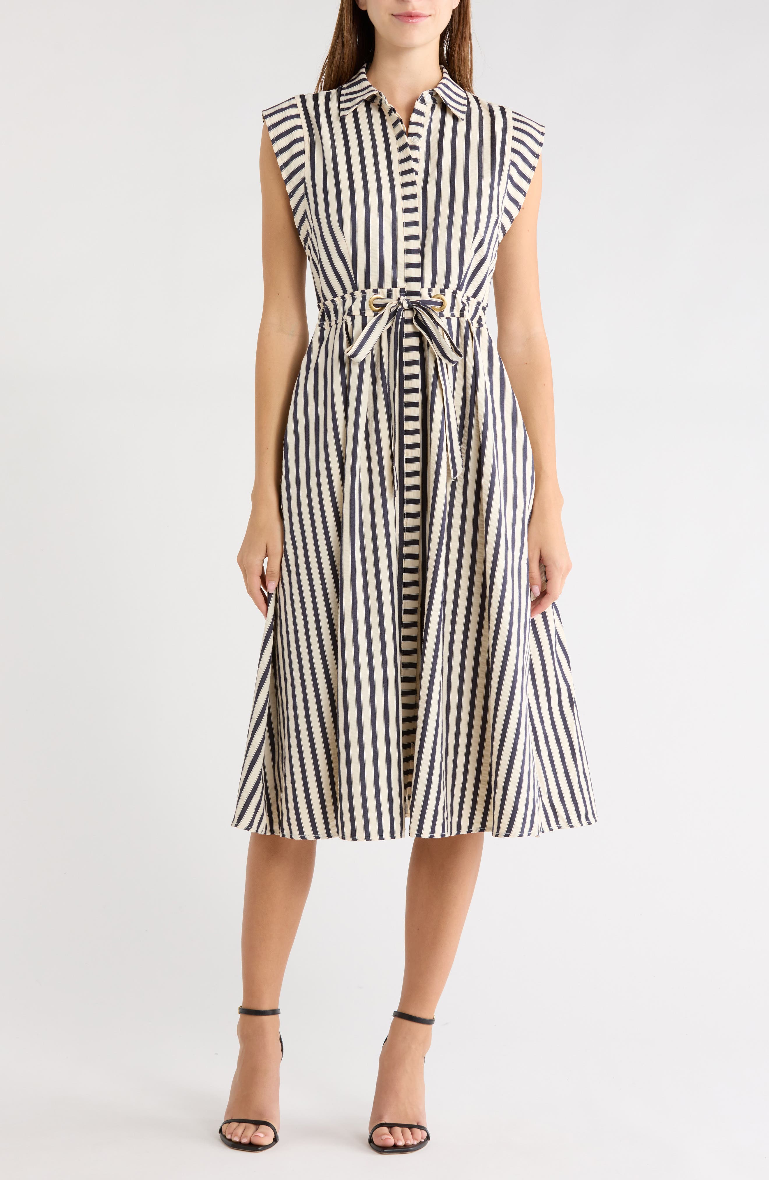 Stripe Sleeveless Tie Waist Shirtdress