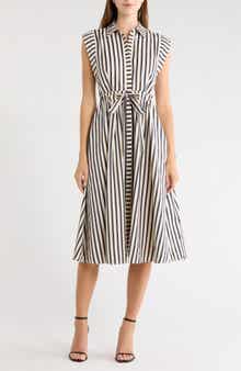 Stripe Sleeveless Tie Waist Shirtdress