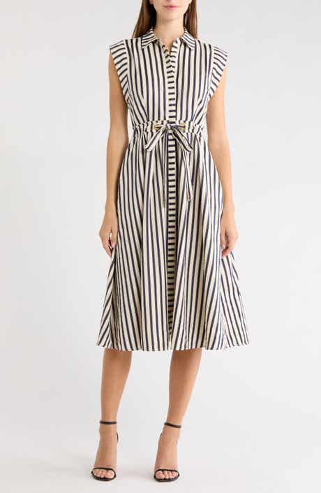 Stripe Sleeveless Tie Waist Shirtdress