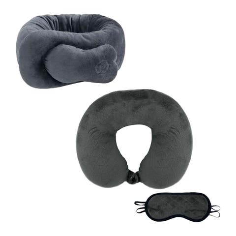 Travel Comfort & Relief Bundle - Memory Foam Travel Pillow with Sleep Mask + Portable Neck & Shoulder Adjustable Massaging Wrap