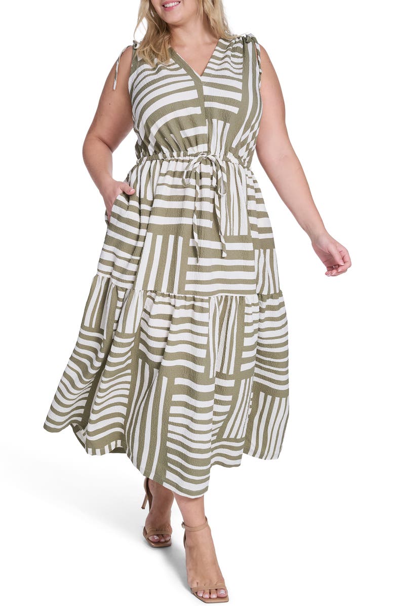 Calvin Klein Geometric Tie Waist Midi Dress, Main, color, Light Olive/ Cream