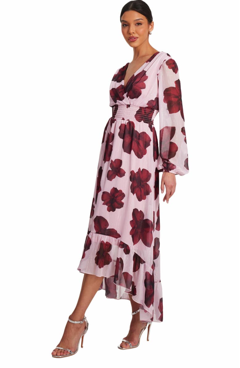 QUIZ Floral Midi Dip Hem Dress, Alternate, color, Blush
