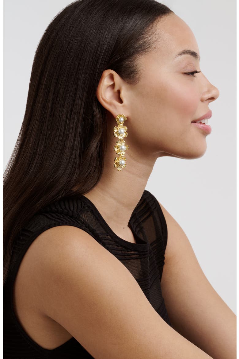 Darlena Daisy Faux Pearl Linear Drop Earrings, Alternate, color, GOLD TONE / PEARL