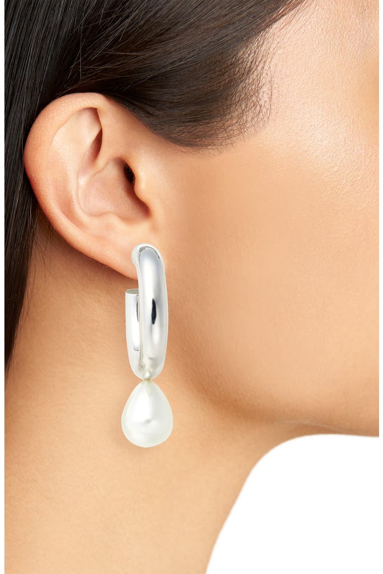 Large Imitation Pearl Egg Hoop Earrings, Alternate, color, SILVER/ PEARL