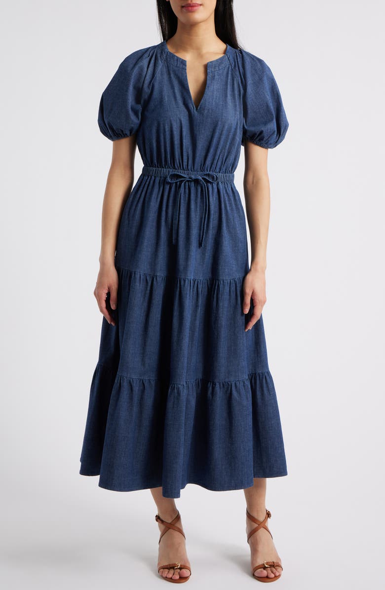 Anne Klein Puff Sleeve Tiered Denim Midi Dress, Main, color, 