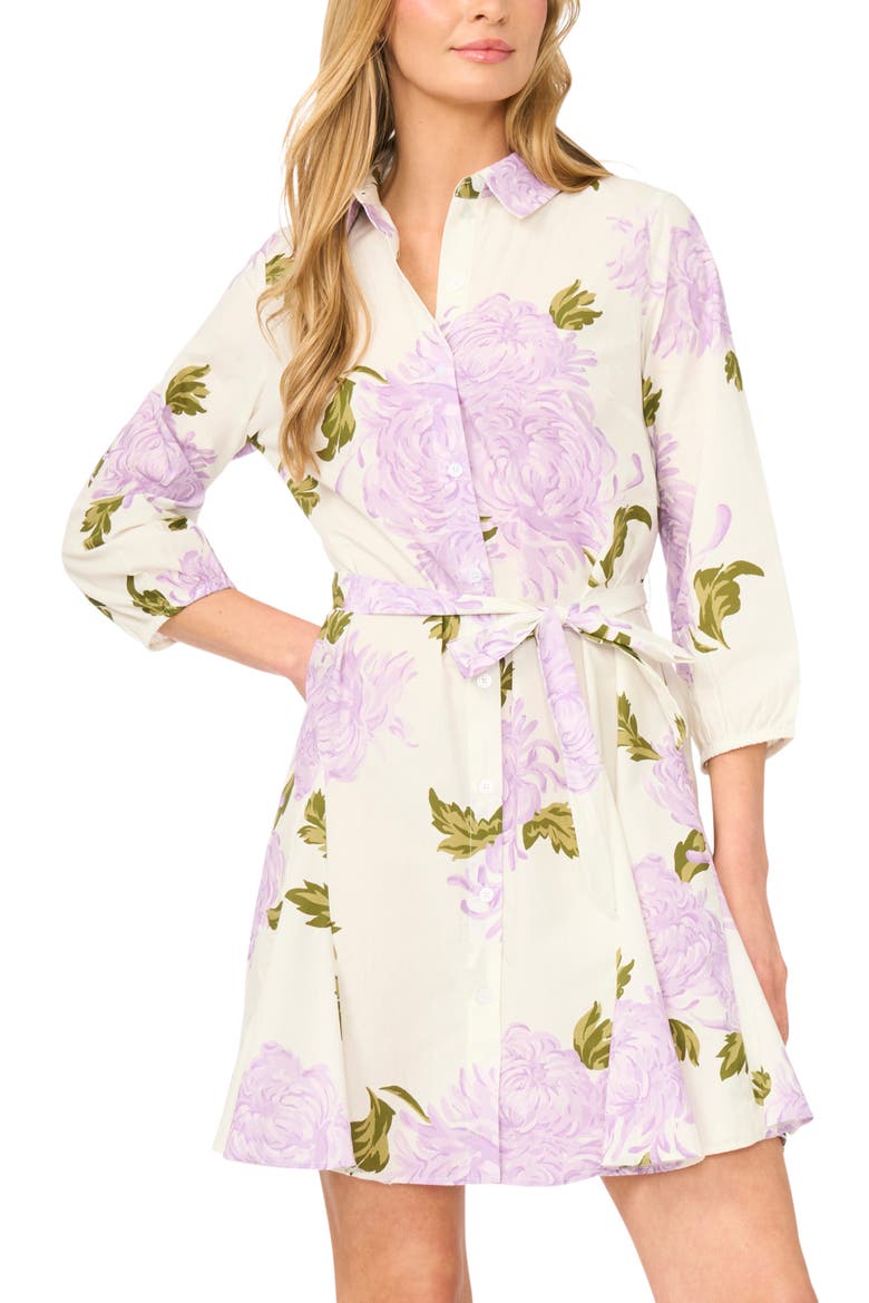 Floral Tie Belt Cotton Mini Shirtdress, Alternate, color, PURPLE MULTI