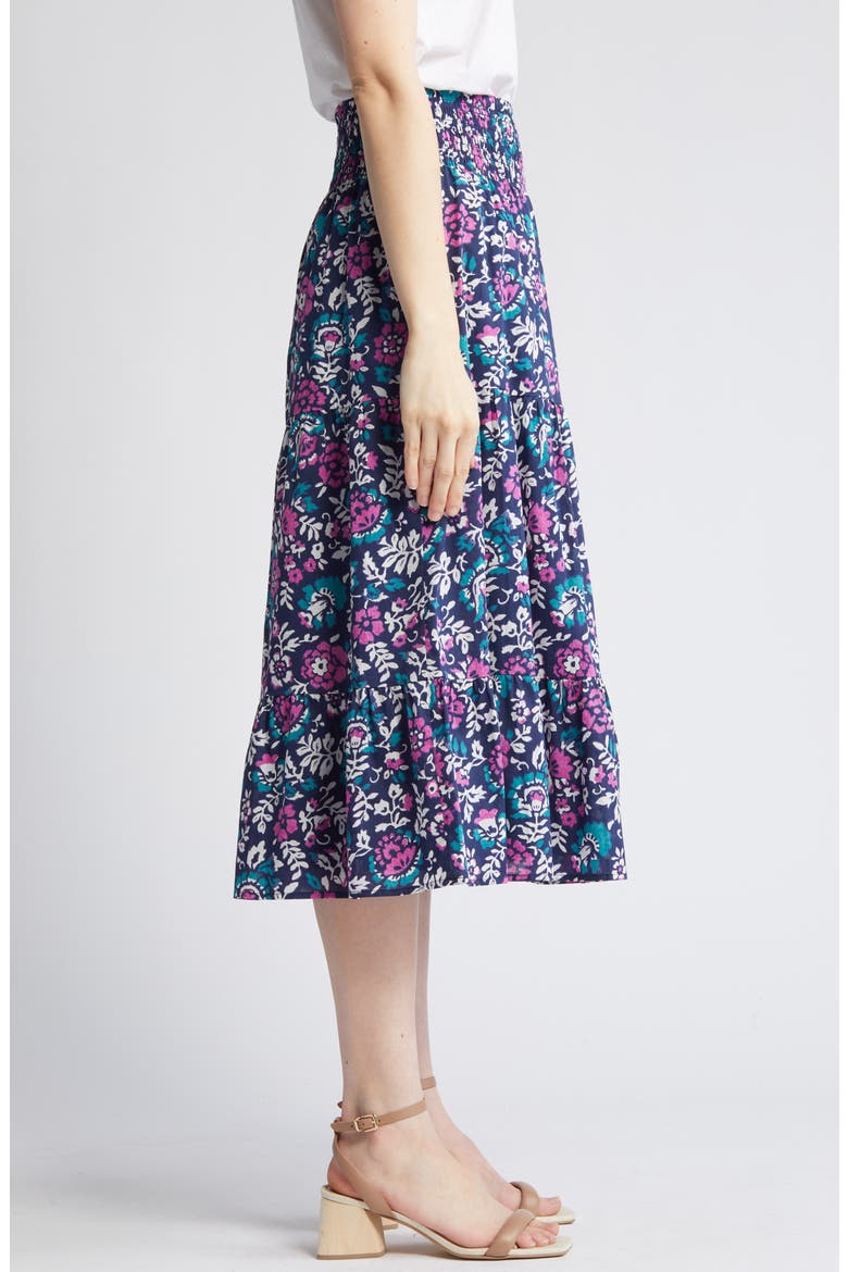 Edina Floral Tiered Cotton Midi Skirt, Alternate, color, WOODBLOCK FLORAL