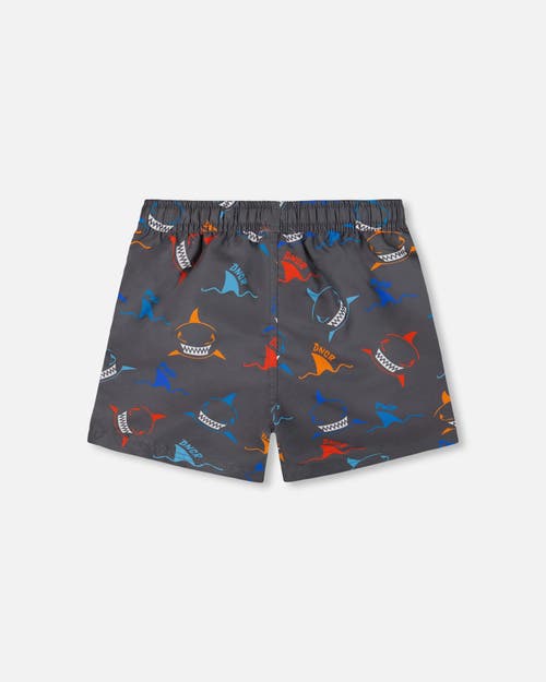 Deux Par Deux Little Boy's Printed Boardshorts Orange, Red, And Blue Sharks On Gray In Orange Red And Blue Sharks