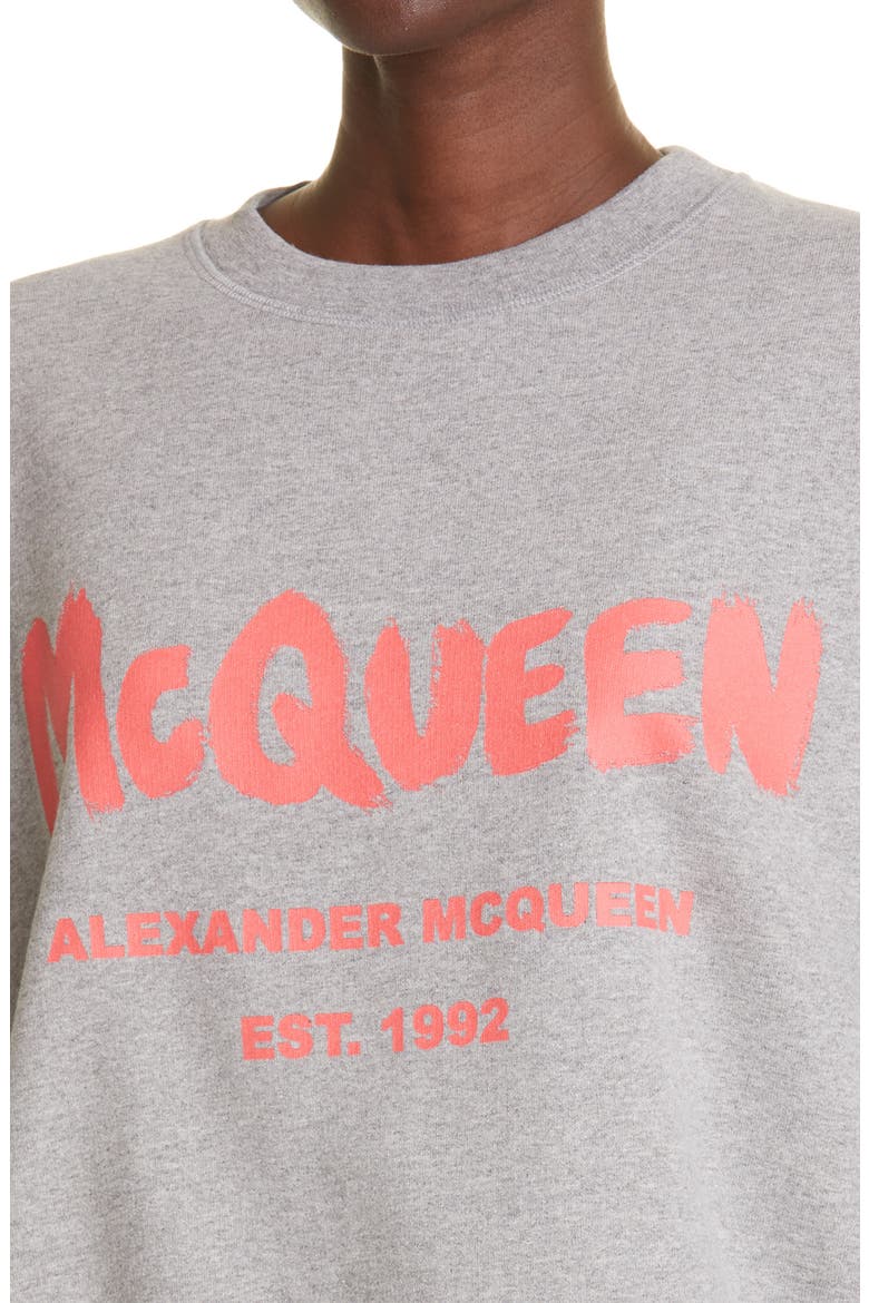 Alexander McQueen Graffiti Logo Oversize Cotton Sweatshirt, Alternate, color, GREY MELANGE/ CORAL