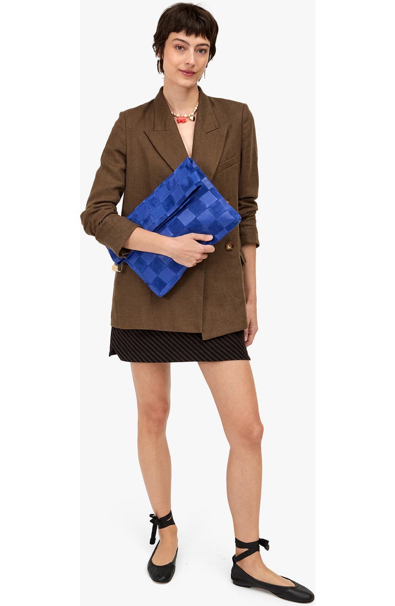 Clare V. Carryall Checkered Leather Clutch, Alternate, color, Lagoon