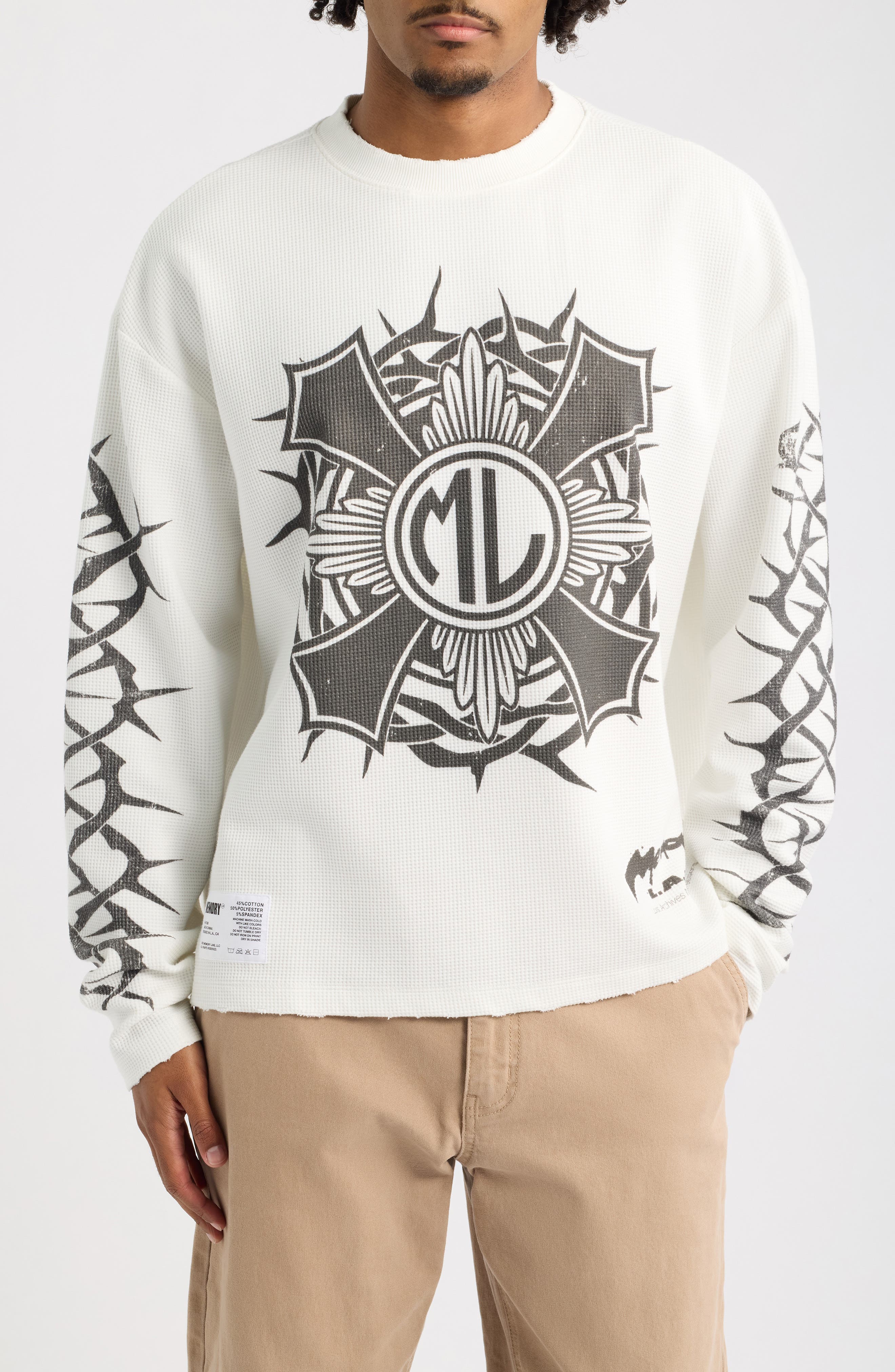 Memory Lane Bomberhorn Cross Oversize Long Sleeve Waffle Graphic T-shirt In White