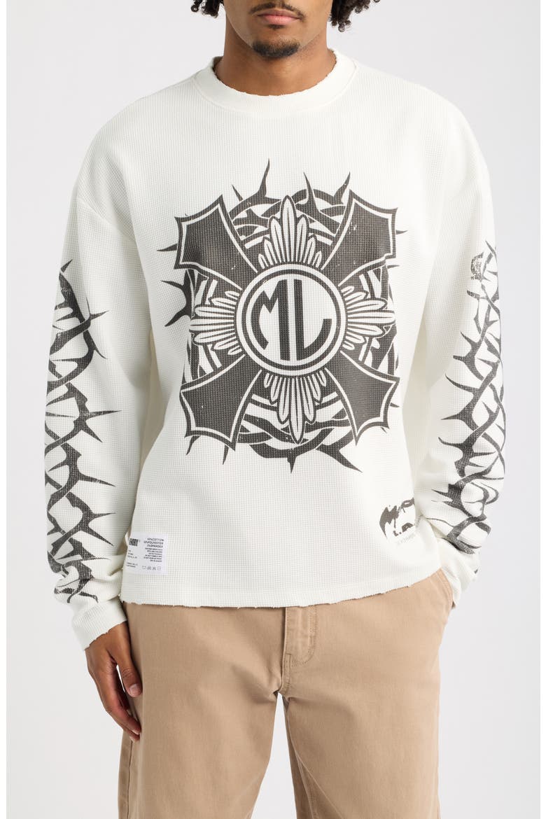Bomberhorn Cross Oversize Long Sleeve Waffle Graphic T-Shirt, Main, color, ANTIQUE WHITE