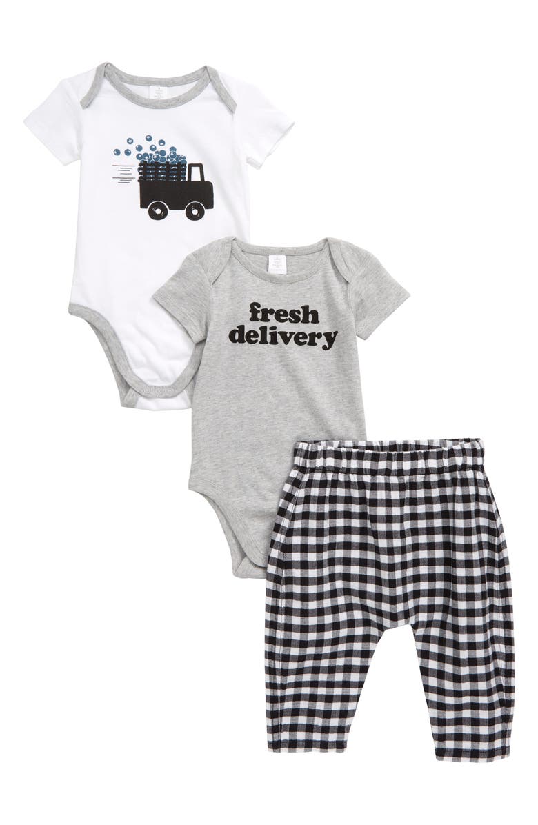 Nordstrom Baby Truck 2-Pack Graphic Rompers & Gingham Jogger Pants Set, Main, color, 