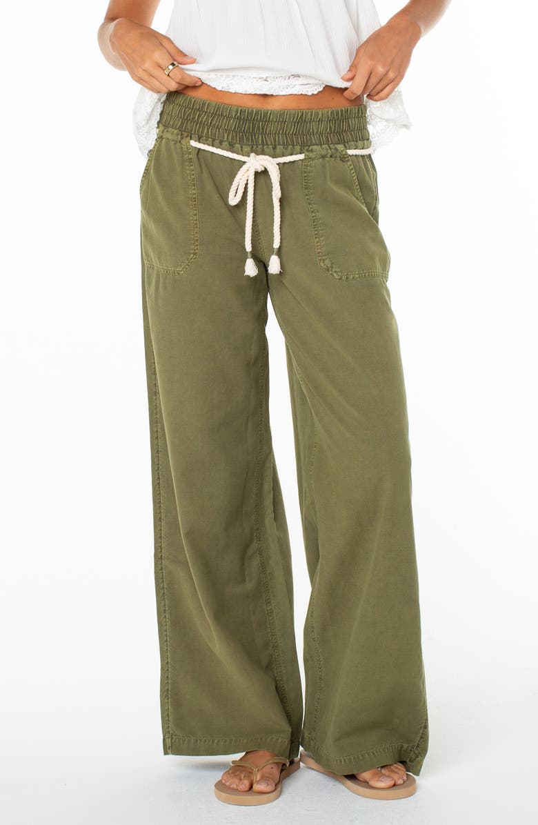 Roxy Paddle On Drawstring Cotton & Linen Pants, Main, color, Olive Branch