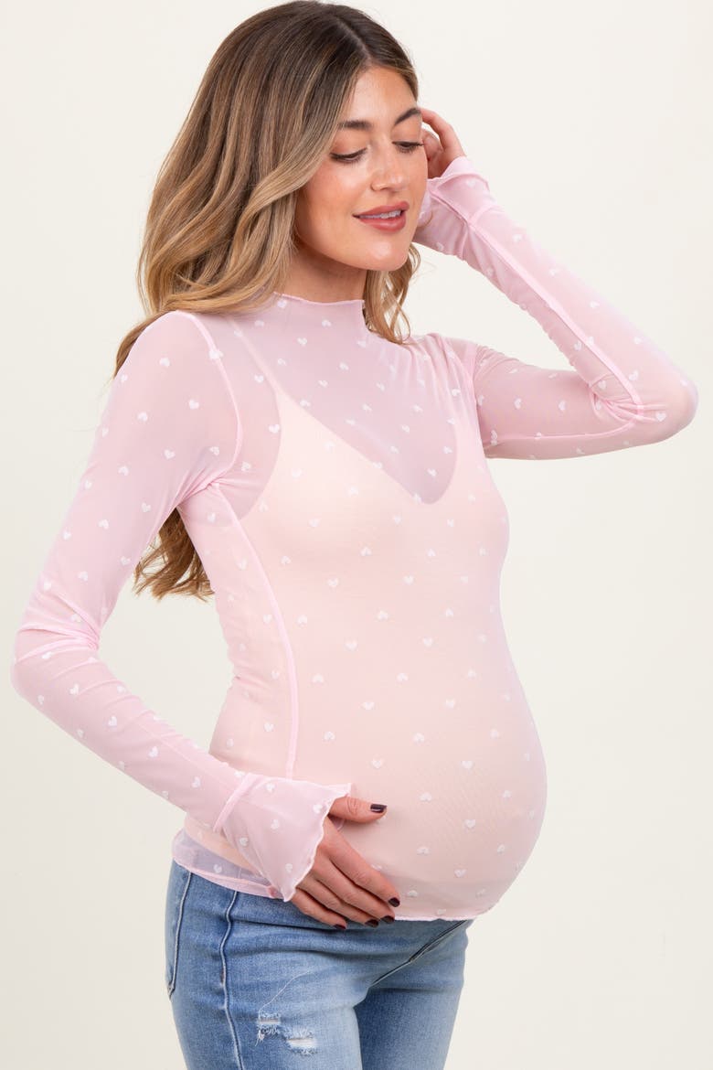 Mesh Heart High Neck Long Sleeve Top, Alternate, color, Light Pink