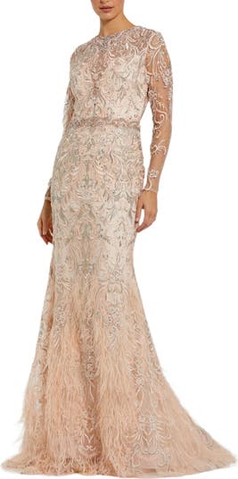 Embroidered Illusion Long Sleeve Trumpet Gown