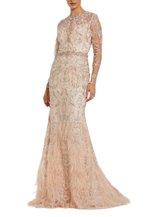 Mac Duggal Embroidered Illusion Long Sleeve Trumpet Gown In Blush