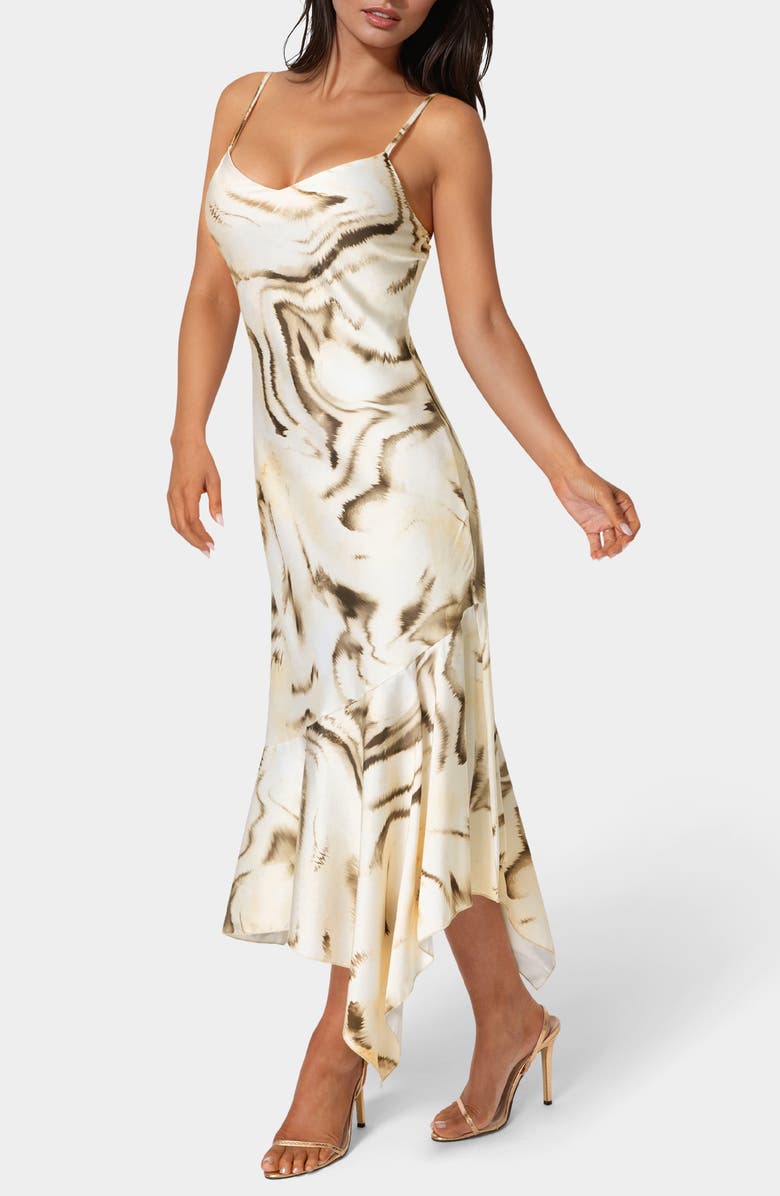 bebe Print Satin Handkerchief Midi Dress, Alternate, color, Tan Multi