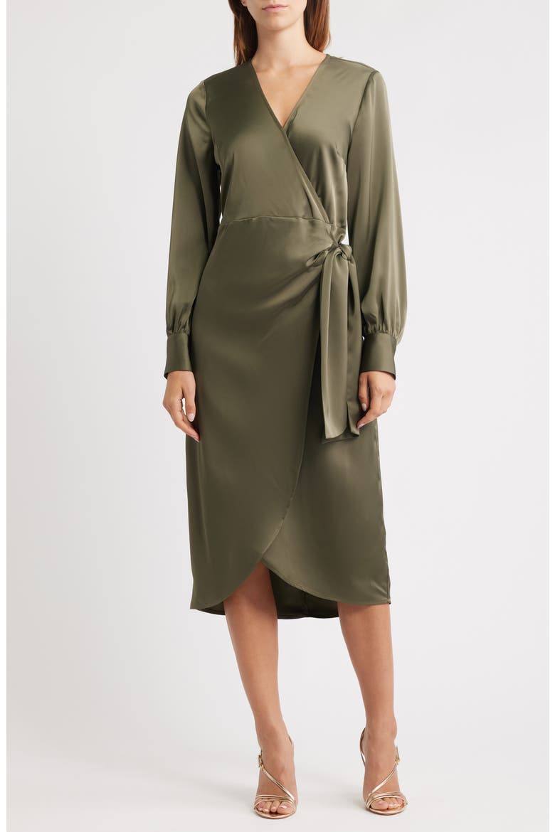 Long Sleeve Faux Wrap Satin Dress, Main, color, LODEN